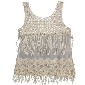 Love Tree Boho Crochet Lace Fringe Tank Sheer Swim Cover-Up Festival Top S/M